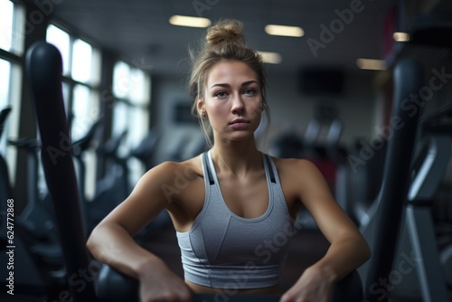 Woman exercising in gym wearing sport. AI generative.