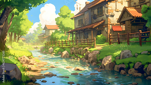 Scenic River Village Painting with Generative AI