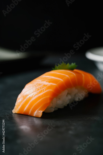 Piece of salmon nigiri sushi on a concrete black table. Vertical mobile. Generative AI.