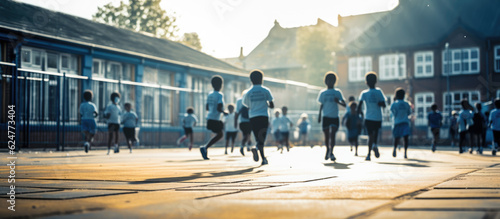 Generative ai illustration of blurred kids running in school playground