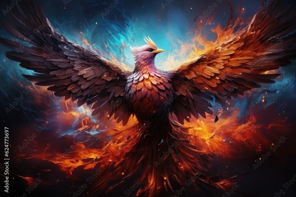 Phoenix is flying burning with fire. Birds. Mythical creatures. Generative AI