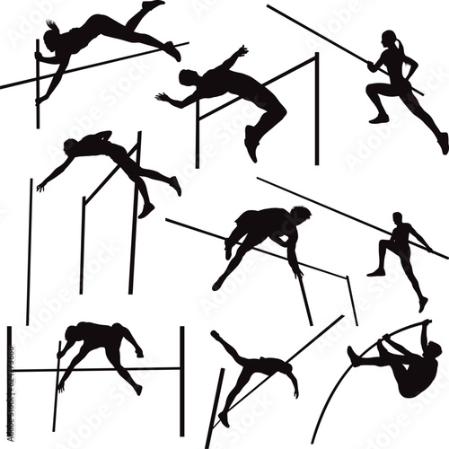 pole vault athlete silhouettes, high jump, exercise illustration