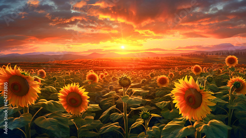 Sunflowers in a Field with Sunset - Generative AI