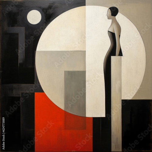 Abstract face in the style of modern Cubism and suprematism. A combination of oil painting on canvas and cracks on the coating of the painting.