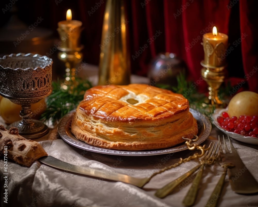 Galette de Rois served on a table with a festive tablecloth, candles, and a paper crown