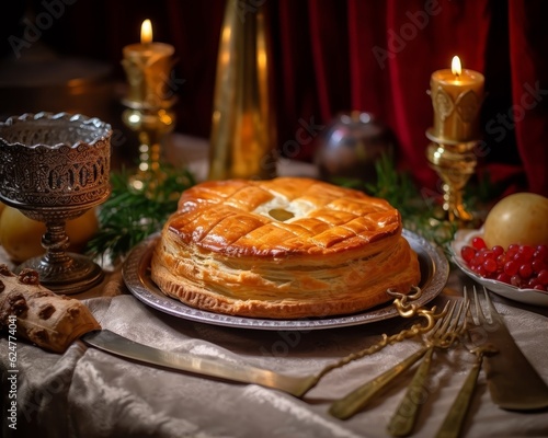 Galette de Rois served on a table with a festive tablecloth, candles, and a paper crown