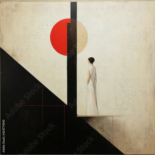 Abstract face in the style of modern Cubism and suprematism. A combination of oil painting on canvas and cracks on the coating of the painting.