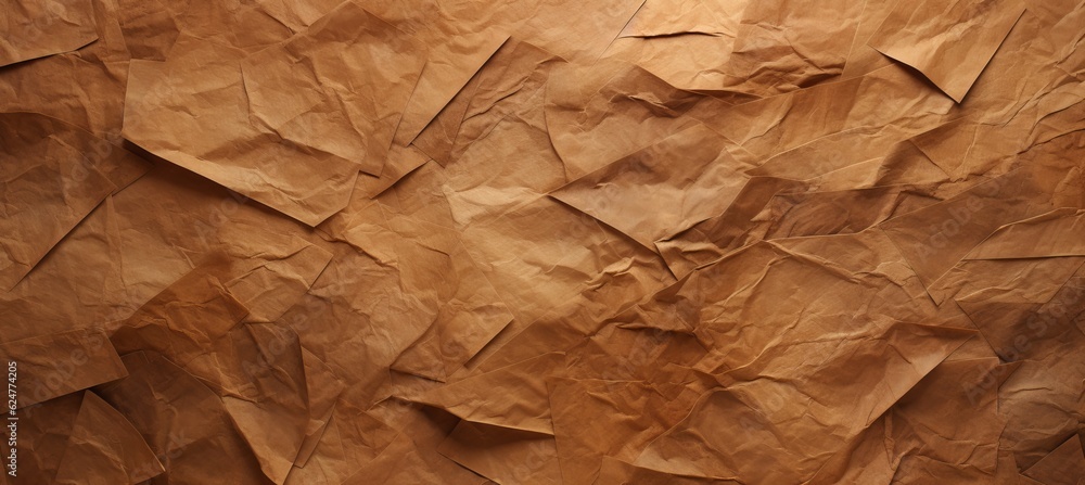 Brown kraft paper crumpled texture background. Generative AI technology.