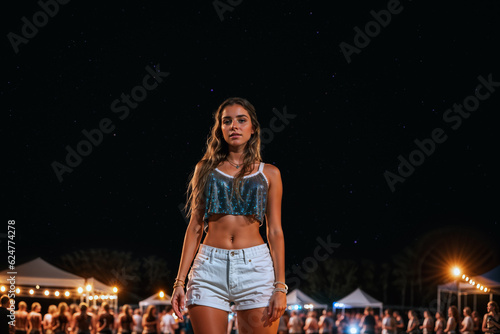 Young adult female having fun at summertime outdoor event - music festival, outdoor concert or garden food party. Crowd of people, nightlife gathering and glamping in background. Dark starry night.