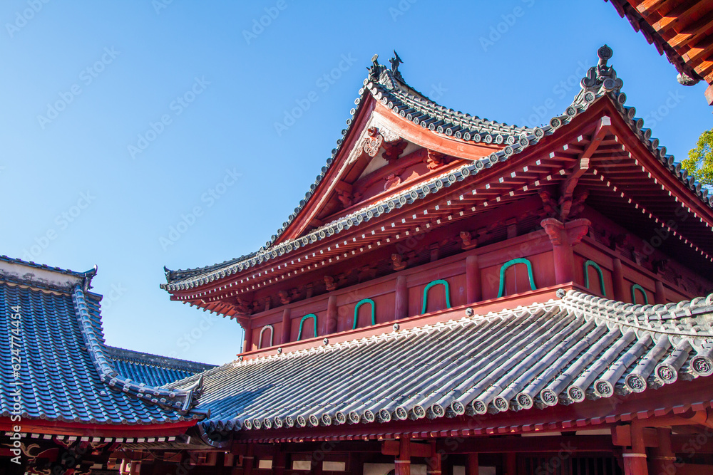 Sofukuji Temple architectural roof detail view in Nagasaki Japan, chinese style architecture