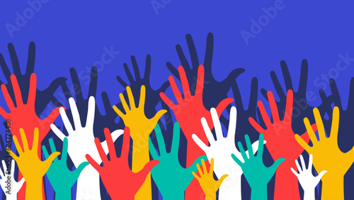 Vector illustration with colorful hands. Poster with human hands raised up. Hands of different colors on a blue background. Vote. Palms, fingers, hands.