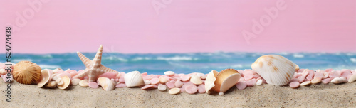 nature tropical summer banner shell sea ocean sand beach holiday. Generative AI.