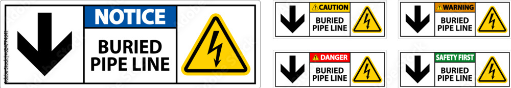 Caution Sign Buried Pipe Line With Down Arrow and Electric Shock Symbol Caution Sign Buried Pipe Line With Down Arrow and Electric Shock Symbol