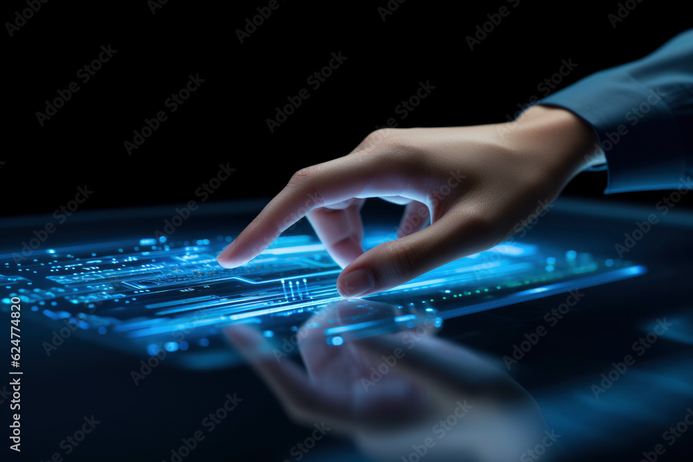 man's hand in digital, IoT, AI chatbot technology, smart devices, VPN cybersecurity, futuristic internet. Unleash the power of technology, sleek abstract background, blue circuitry pattern, gen ai man's hand in digital, IoT, AI chatbot technology, smart devices, VPN cybersecurity, futuristic internet. Unleash the power of technology, sleek abstract background, blue circuitry pattern, gen ai