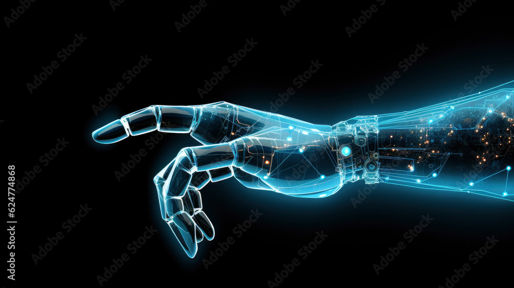 Robot arm mixed with blue digital isolated in black IoT, AI chatbot technology, smart devices, VPN cybersecurity, futuristic internet. Unleash the power of technology, sleek, blue circuitry pattern