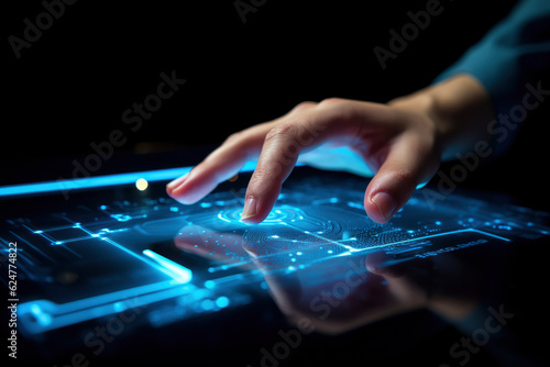  man's hand in digital, IoT, AI chatbot technology, smart devices, VPN cybersecurity, futuristic internet. Unleash the power of technology, sleek abstract background, blue circuitry pattern, gen ai