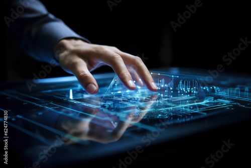  man's hand in digital, IoT, AI chatbot technology, smart devices, VPN cybersecurity, futuristic internet. Unleash the power of technology, sleek abstract background, blue circuitry pattern, gen ai