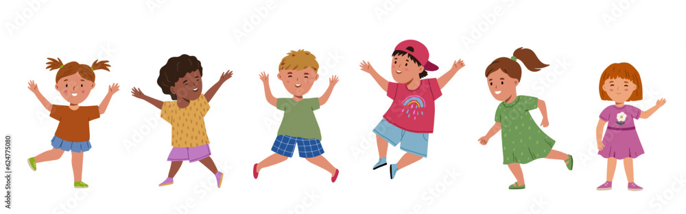 Group of happy smiling playing kids. Cartoon characters. Jumping cheerful children. Vector illustration for school of kindergarten. Isolated on white background Group of happy smiling playing kids. Cartoon characters. Jumping cheerful children. Vector illustration for school of kindergarten. Isolated on white background