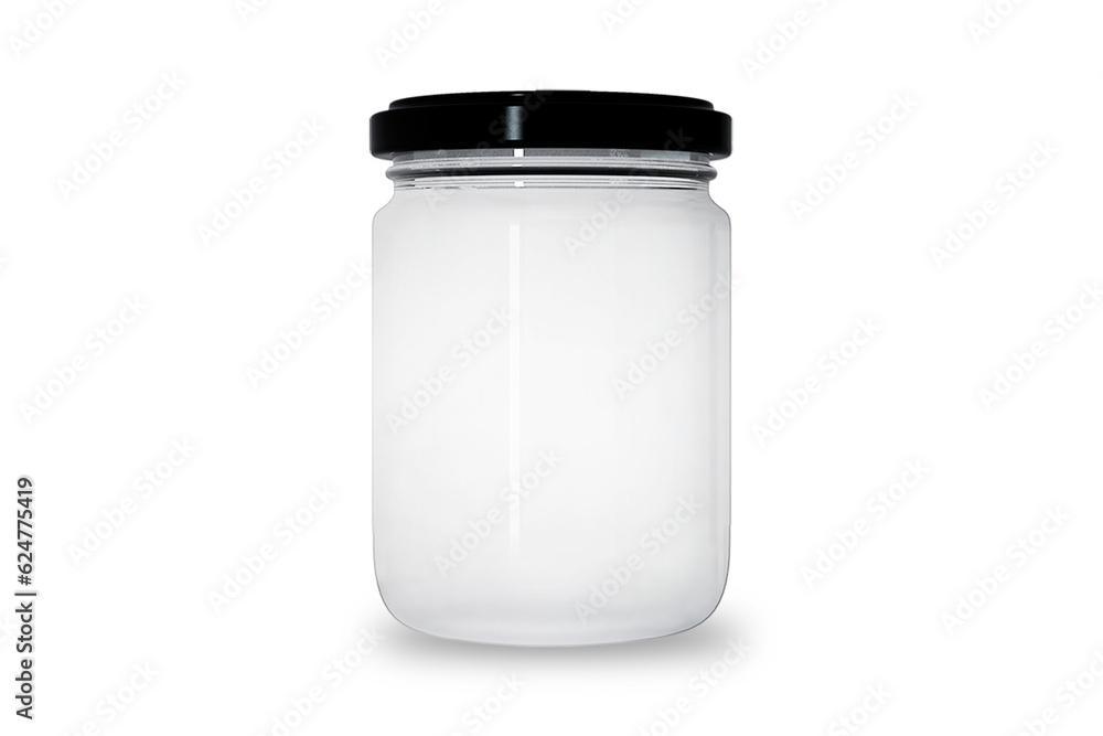 Glass jar with black lid mockup isolated on white background. Honey or jam glass jar. 3d rendering. Glass jar with black lid mockup isolated on white background. Honey or jam glass jar. 3d rendering.