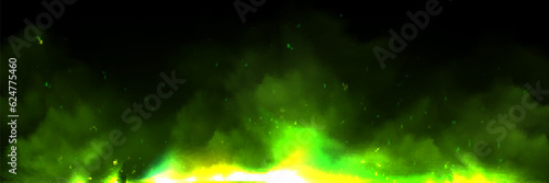 Green fire effect overlay with ember and smoke realistic background. Flying spark light particle in flame panoramic texture. Neon festive witchcraft power with steam and blazing for wizard fireplace.