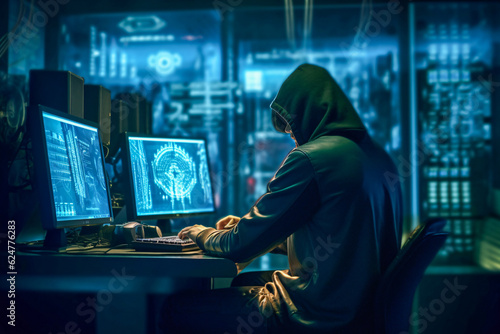 Tech-Savvy Hooded Man at Desk with Dual Monitors - Enhanced by Generative AI