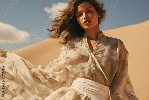 fashion model wearing flowing boho dress in editorial in desert dunes, photoshoot made with generative ai