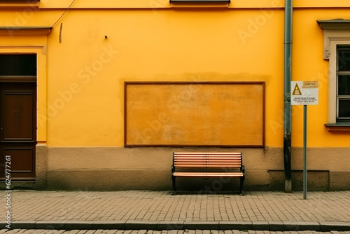 Wallpaper Mural Vibrant Yellow Building with Sidewalk Bench - Enhanced by Generative AI Torontodigital.ca