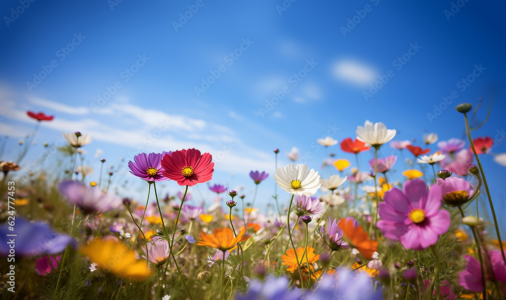 Colourful wild flowers in the grass with copy space blooming, various colored flowers meadow with blue sky background