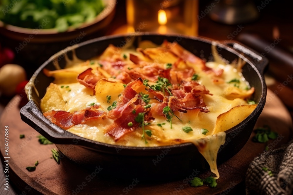 Tartiflette with golden potatoes, crispy bacon, and melted cheese on a wooden table