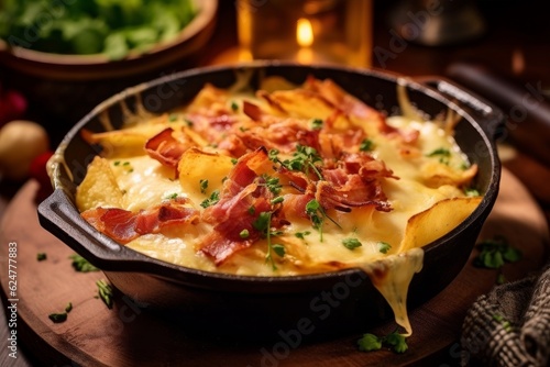 Tartiflette with golden potatoes  crispy bacon  and melted cheese on a wooden table