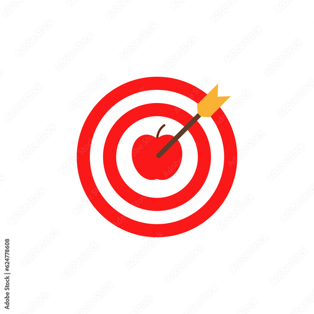 The bow arrow hits the center of the target in the form of an apple. Color vector. The bow arrow hits the center of the target in the form of an apple. Color vector.