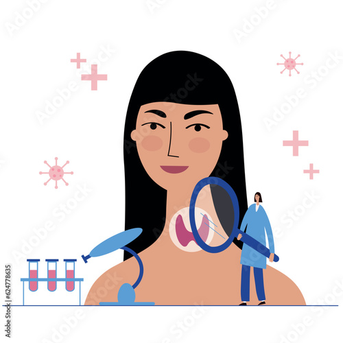 Thyroid gland  and endocrinology vector illustration. Thyroid health concept and hormone check at endocrinologist, medical concept. Cartoon in flat style on Isolated white background. Design element