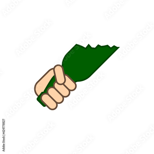 Hand clenched into a fist holds the broken bottle bottleneck as a cold weapon. Color vector.