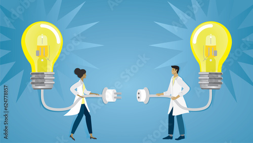 Banner, connecting ideas, research and development. A man and a woman connecting their lightbulbs with shiny ideas. Teamwork, cooperation, supervision. Vector illustration. Dimension 16:9. 
