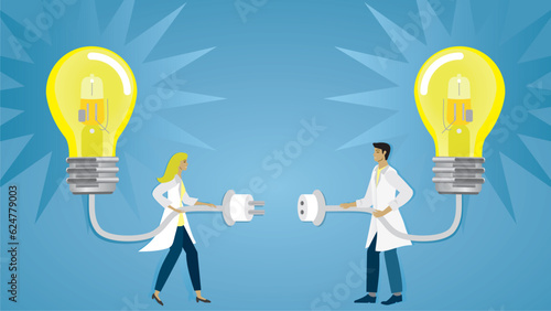 Banner, connecting ideas, research and development. A man and a woman connecting their lightbulbs with shiny ideas. Teamwork, cooperation, supervision. Vector illustration. Dimension 16:9. 