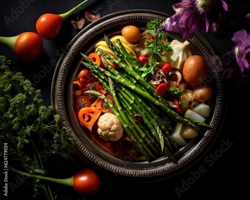 Navarin d Agneau with a colorful arrangement of vegetables and a rich sauce