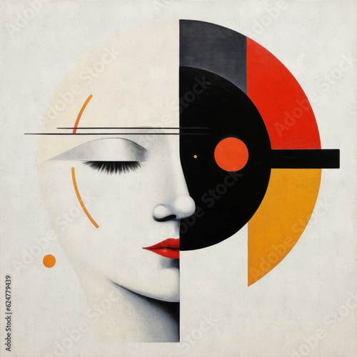 Abstract face in the style of modern Cubism and suprematism. A combination of oil painting on canvas and cracks on the coating of the painting.