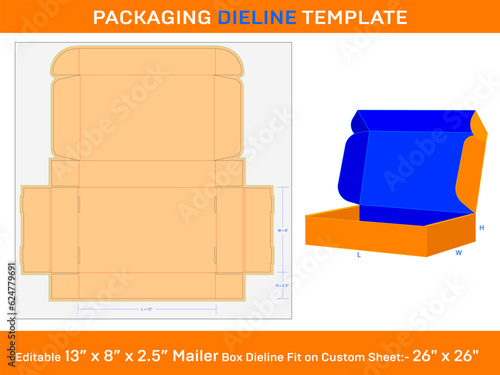 Mailer Paper Box, Dieline Template, 13 x 8 x 2.5 inch