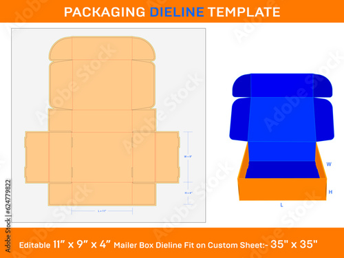 Corrugated mailer box, Dieline Template, 11 x 9 x 4 inch