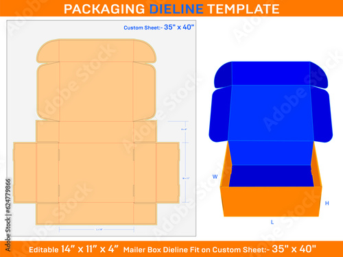 Corrugated cardboard mailer box, Dieline Template,14 x 11 x 4 inch