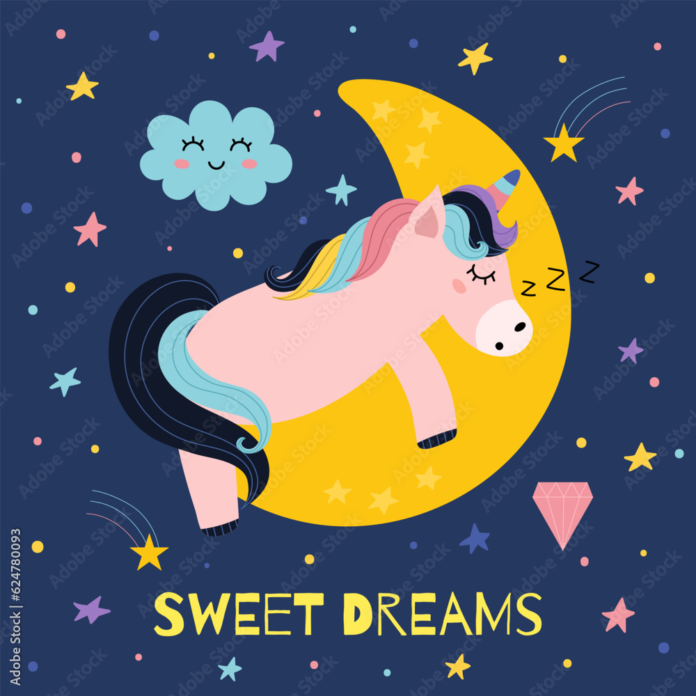 Sweet dreams print with a cute unicorn sleeping on the Moon. Good night poster for kids with a magic character and text. Vector illustration