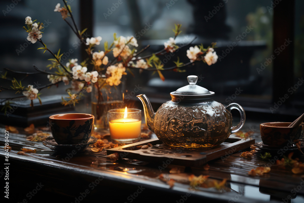 Asian tea ceremony, teapot and cups and candle. AI generative.
