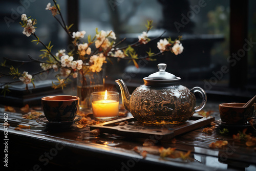 Asian tea ceremony  teapot and cups and candle. AI generative.