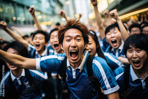 Japanese football fans celebrating a victory 