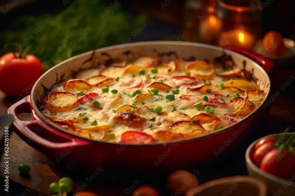 Gratin Savoyard served in a traditional ceramic baking dish, surrounded by colorful vegetables and rustic cutlery