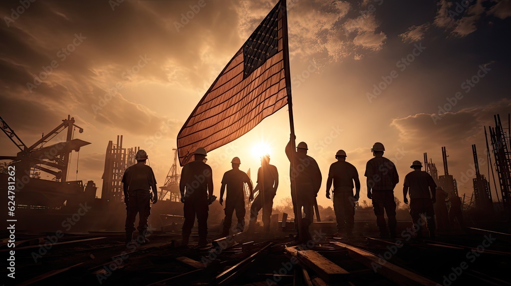 Construction workers raising the American flag on a construction site