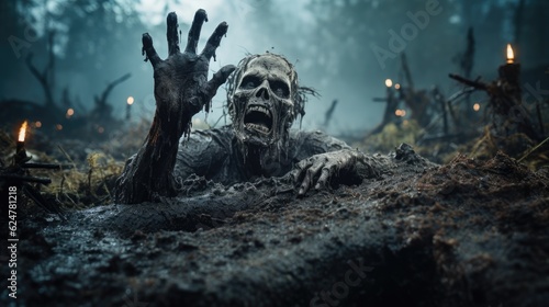 Zombie hand emerging from the ground with a gravestone in the background, Halloween horror theme.