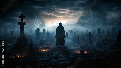 Ghostly figure lurking in a misty graveyard, Halloween spirit.