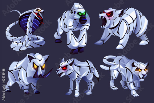 Cartoon cyborg animals. Futuristic fauna characters, robotic metal gorilla, bear and wolf, strong mechanical beasts, zoo machines with glowing eyes, artificial intelligence, tidy vector mascot set