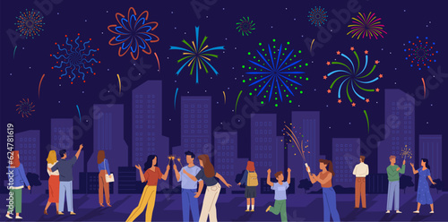 City holiday fireworks. People have fun, watching lights in night sky, skyscrapers on background, celebrants light sparklers, clapping crackers, nowaday vector cartoon flat concept